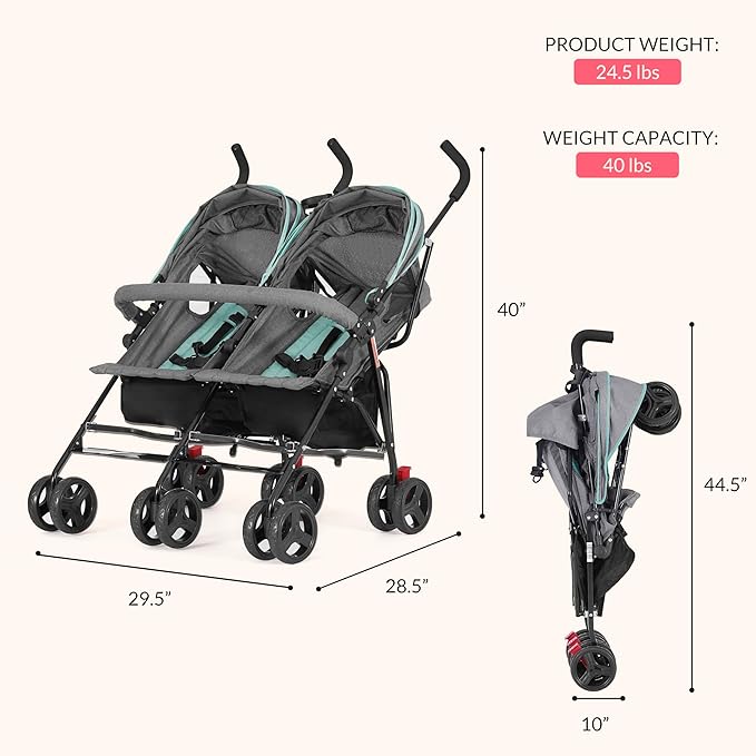 Dream On Me Volgo Twin Umbrella Stroller in Mint, Lightweight Double Stroller for Infant & Toddler, Compact Easy Fold, Large Storage Basket, Large and Adjustable Canopy