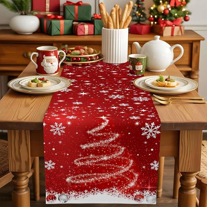 Red Christmas Table Runner 36 Inches Long, Xmas Tree Balls Snowflake Table - Image 5
