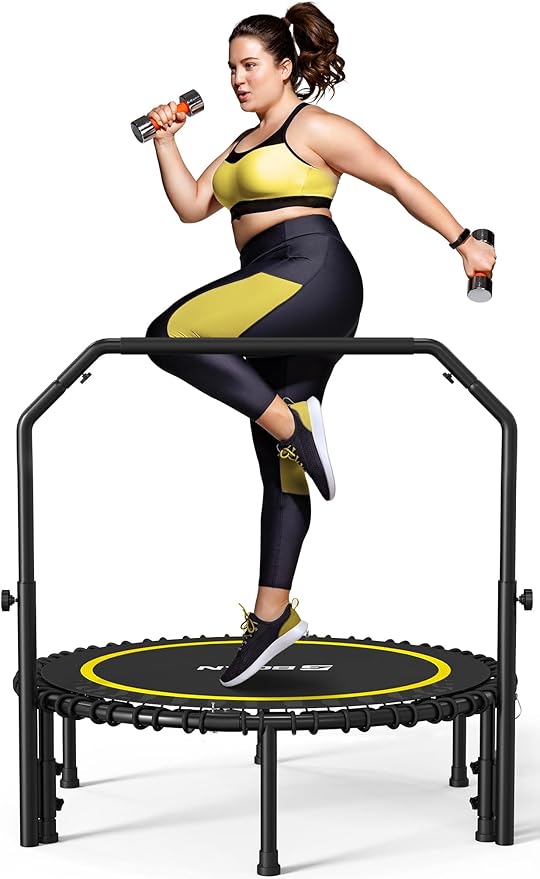 BCAN 40"/48" Mini Rebounder Trampoline for Adults with Bar, 450/550LBS Fitness Trampoline with Bungees, Adjustable Handle, Stable & Quiet, Indoor Outdoor, Whole-Body Workout & Relaxation at Home