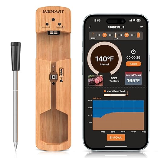 INSMART Wireless Smart Meat Thermometer,330FT Bluetooth Range,100% Waterproof,Precision Cooking Grilling,Multi Sensors,for BBQ,Oven,Grill,Kitchen,Smoker, Rotisserie Turkey Beef/iOS & Android App