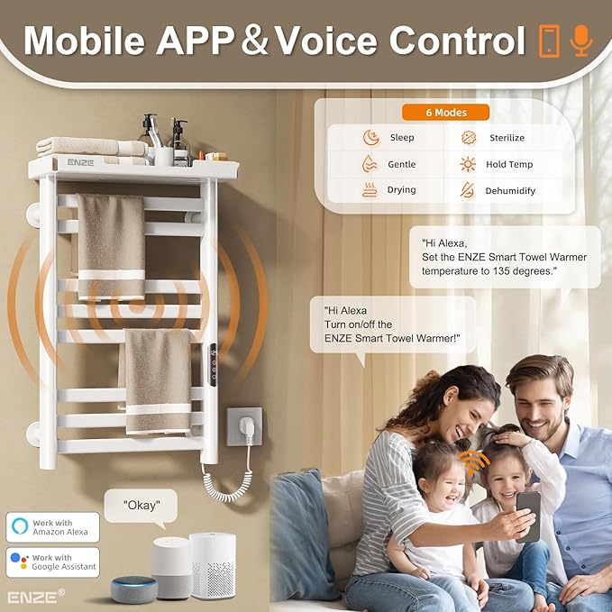 ENZE Heated Towel Rack with Shelf and Wi-Fi App Control, 8 Bars Electric Wall Mounted Towel Warmer with Timer & Adjustable Temperature, Low Carbon Steel, Plug-in/Hardwired, White