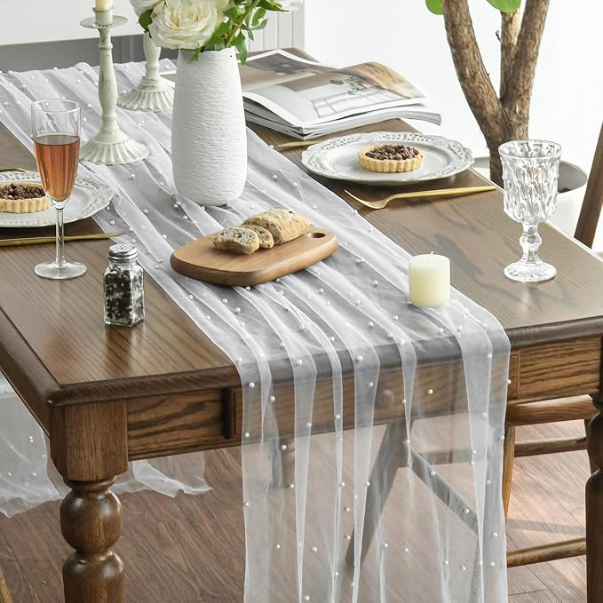 Artoid Mode 3PCS Pearl Gauze Table Runner 120 Inch 10FT, Seasonal Sheer Dining - Image 3