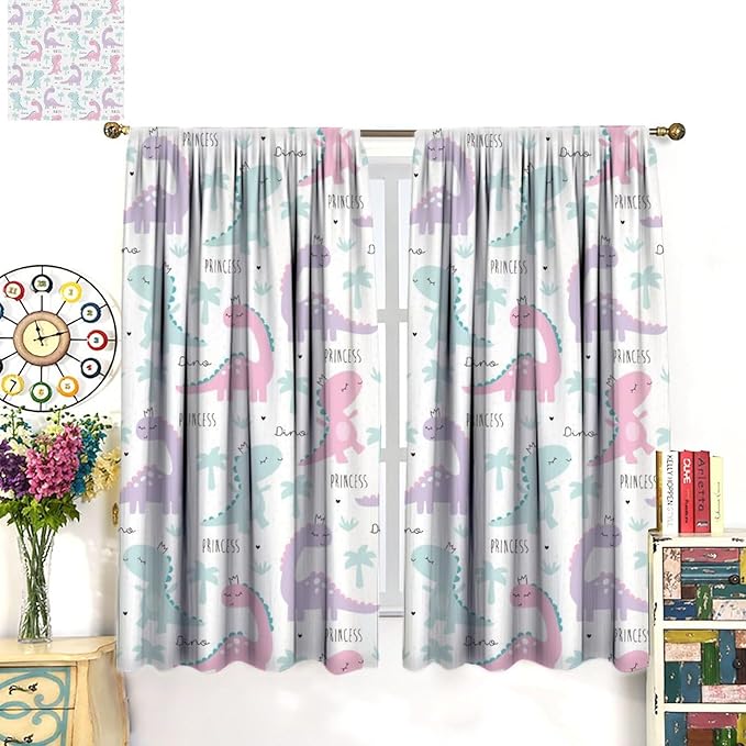 Kids Dinosaur Curtains for Boys Girls Bedroom Decor Cartoon Dino Colorful Cute Funny Animal Wildlife Printed Blackout Rod Pocket Window Drapes for Baby Nursery Playroom W31.5xL63in 2 Panels