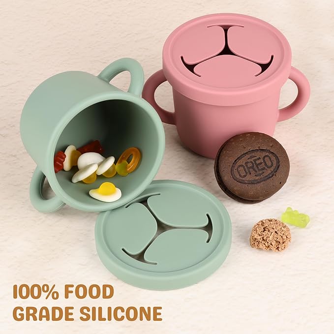 Snack Containers for Toddlers, Kids - 2 Pack Food Grade Silicone Snack Cups with Grip Handle (Blush/Mauve)