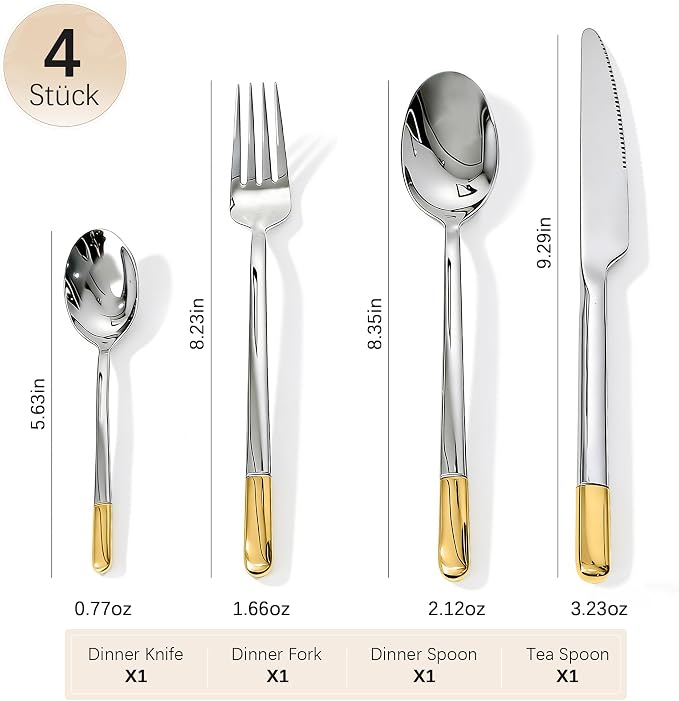 Silverware Set Service for 1, IKXO 4-Piece Modern Stainless Steel Flatware - Image 2