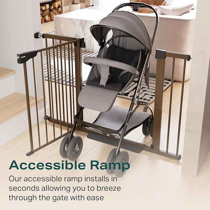 Cumbor 29.7-46" Baby Gate for Stairs, Mom's Choice Awards Winner-Auto Close Dog Gate for the House, Easy Install Pressure Mounted Pet Gates for Doorways, Easy Walk Thru Wide Safety Gate for Dog, Brown