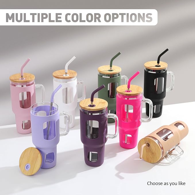 WINSA Glass Tumbler with Straw and Lid, 40 oz, Olive | Iced Coffee Cup with - Image 7