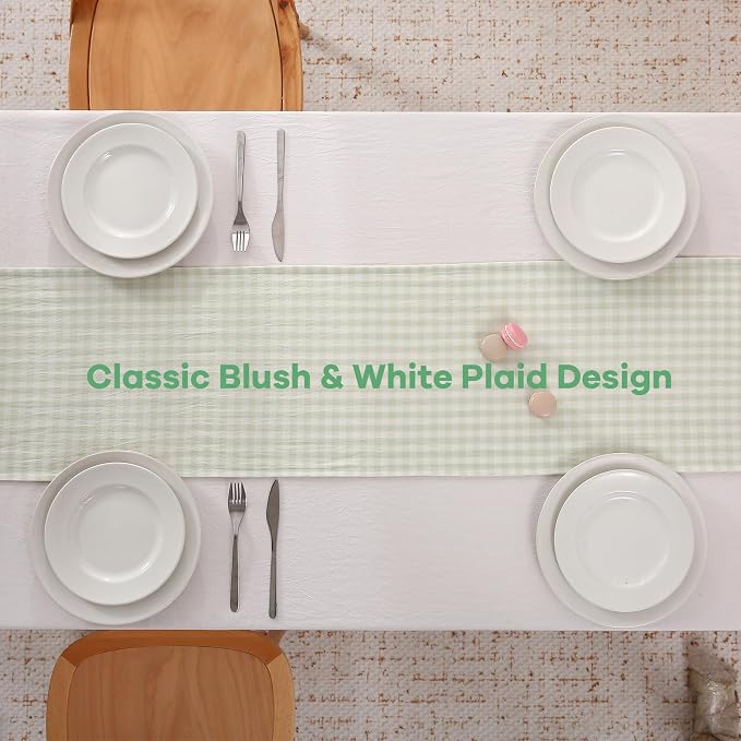 Pile Green White Plaid Gingham Ruffle Table Runner 72 inches Long 100% Washed - Image 4