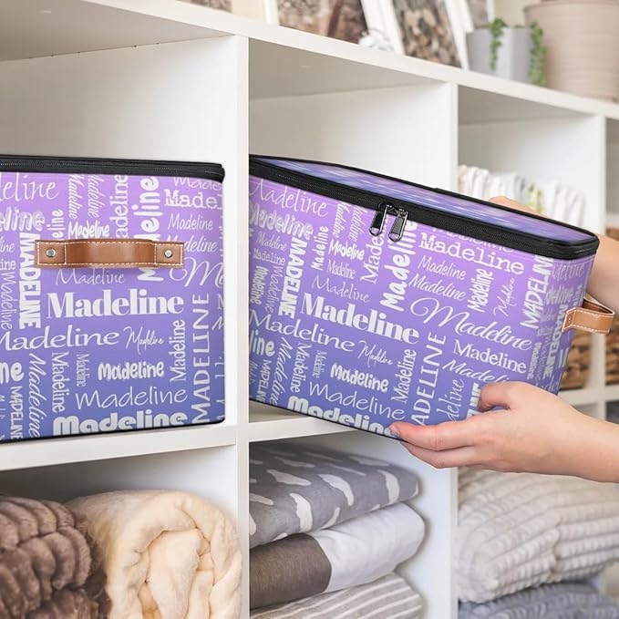 Custom Storage Basket with Name, Personalized Storage Bins with Zipper Lid, Foldable Fabric Storage Box Large capacity with Handle Purple