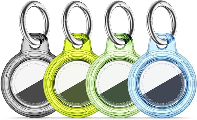 Upgrade Waterproof 4 Pack Airtags Holder with Apple Airtags Keychain, Hard PC Clear Air Tag Case, Anti-Scratch & Shock Air tag Holder, Men's Women's Keyrings & Keychains-Black+Chartreuse+Green+Blue