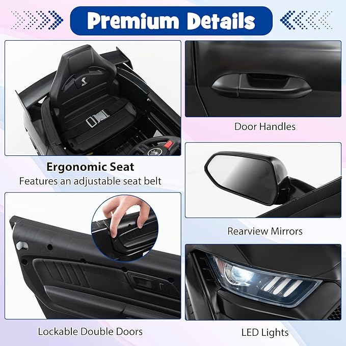 Costzon Ride on Car, 12V Licensed Ford Mustang Shelby GT500 Kids' Electric Vehicles w/Remote Control, USB Port, Radio, Music, Player, High Low Speed & Soft Start, Racing Kids Car for Toddler (Black)