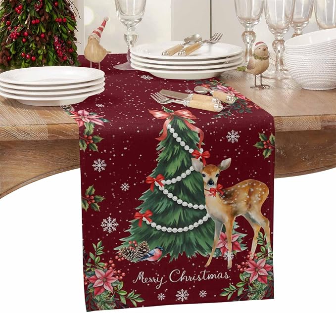 Christmas Reindeer Short Table Runners 36 Inches, Cotton Linen Fabric Red Table - Image 4