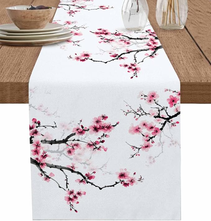 Pink Cherry Flowers Table Runners 60 Inches Long, Cotton Linen Fabric Table by Edwiinsa