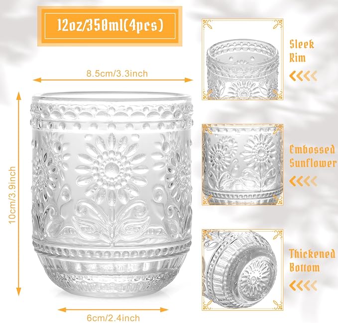 Topsky Vintage Drinking Glass Set of 4, 12 oz Embossed Floral Drinkware Set - Image 4