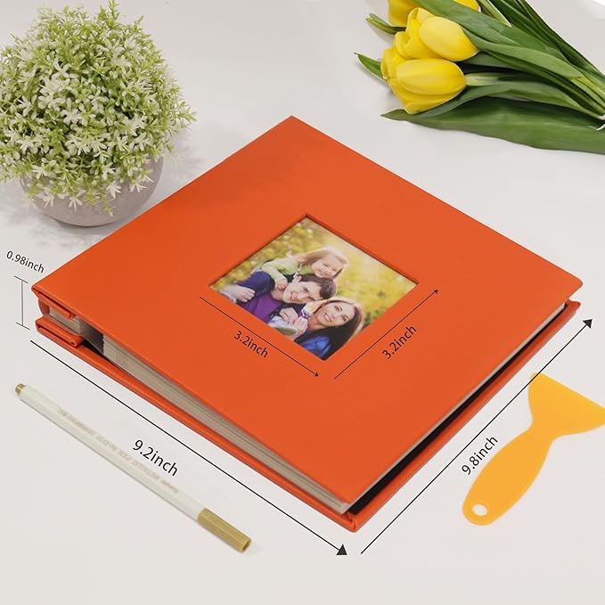 RECUTMS Photo Album Self Adhesive Magnetic Scrapbook 4x6 5x7 8x10 Pictures Scrapbook Album, 40 Pages Photo Book for DIY Baby Family Wedding with Metal Pen and Plastic Board (Orange)