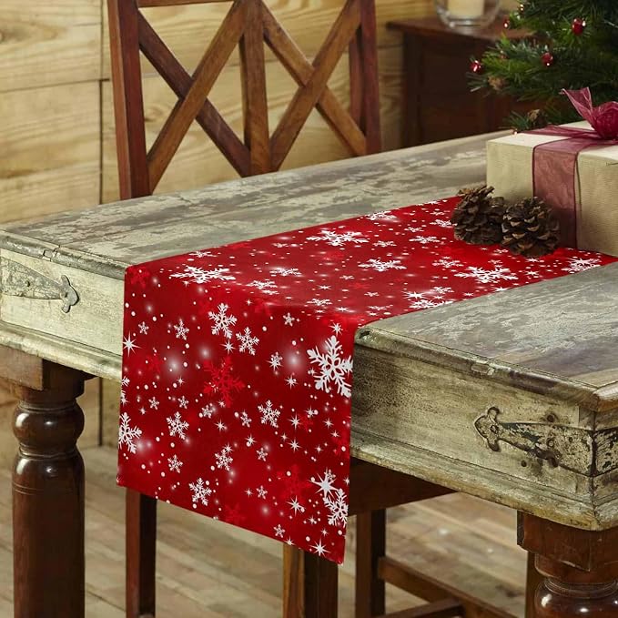 Red Christmas Table Runners 108 Inches Long, Cotton Linen Fabric Snowflake - Image 3