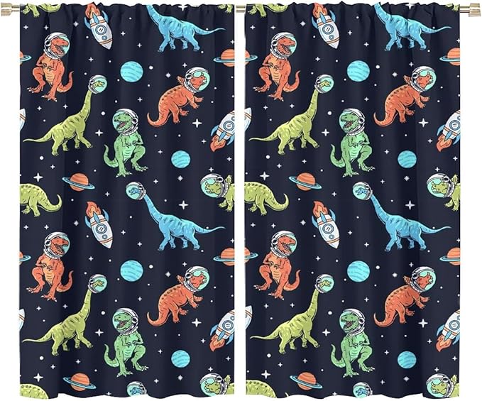 Cartoon Dinosaur Curtains for Kids Boys Girls Home Decor, Astronaut Rocket Funny Outer Space Blackout Rod Pocket Window Drapes for Bedroom Living Room W36xL63in 2 Panels