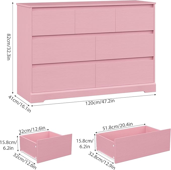 Dresser for Bedroom, Modern Pink Dresser, Wood Chest of Drawers Nursery Dressers, with Storage, 7 Drawer Double with Handle Free, Large Storage Organizer for Living Room,Pink