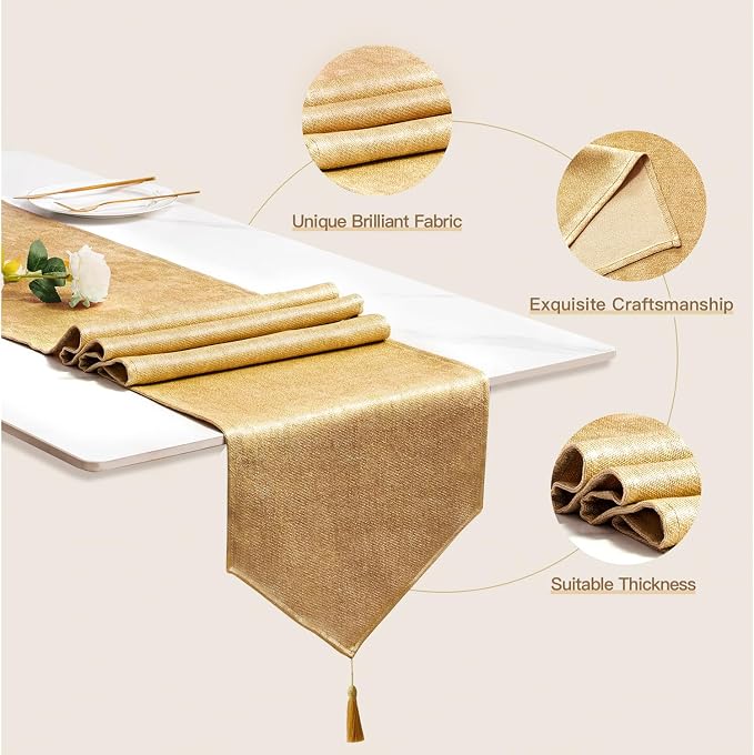 BALCONY & FALCON Table Runner Faux Linen Shimmer Gold 14"x71" | Tasselled - Image 2
