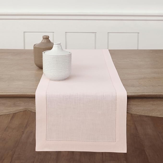 Solino Home 100% Pure Linen Table Runner Pink, Classic Hemstitch 14 x 72 in | by SolinoHome