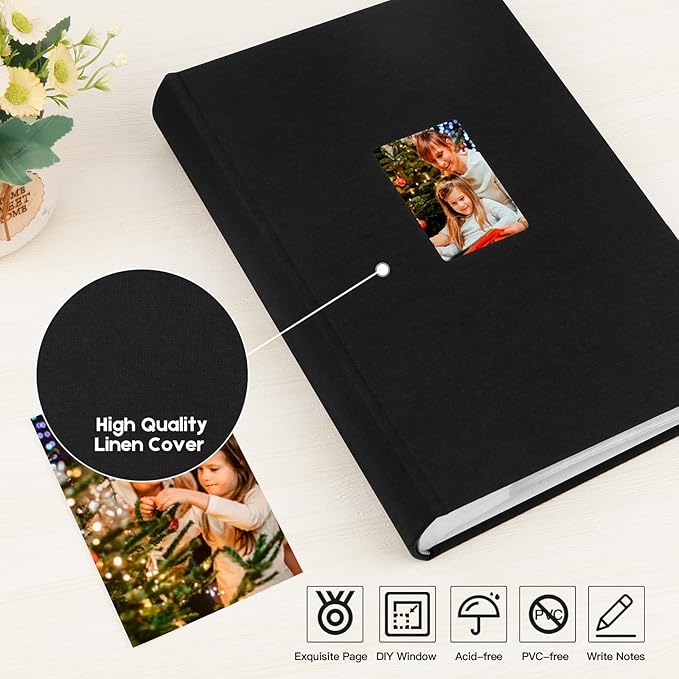 Photo Album 4x6 450 Photos with Writing Space,4 x 6 Photo Book Linen Cover with Front Window, 4x6 Picture Album, 450 Photos Photo Album Book for Wedding Kids Travel Family Baby Pictures (Black)