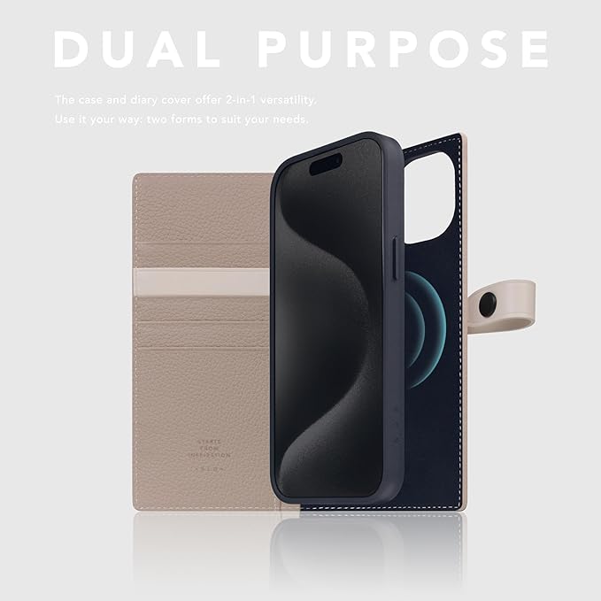 D8 Edition Full Grain Leather Wallet Case for iPhone 15 Plus - [2-in-1] Handcrafted Detachable Diary Style with Magnetic MagSafe Back Cover and Snap Closure, Gift Box Included (Light Cream)