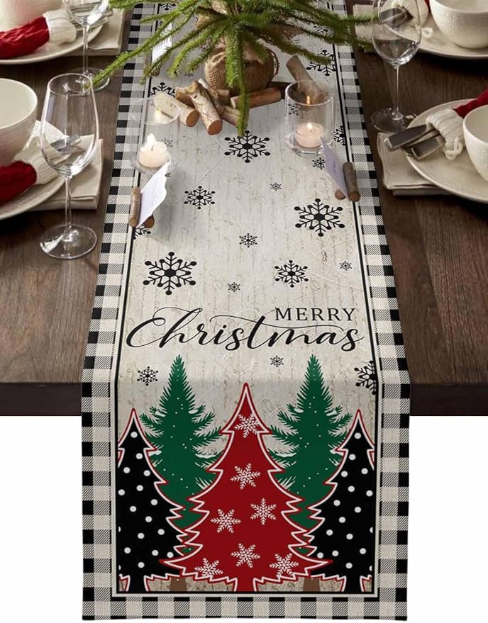 Christmas Trees Table Runner 48 Inches Long, Xmas Snowflake Retro Table Runners by Unknown