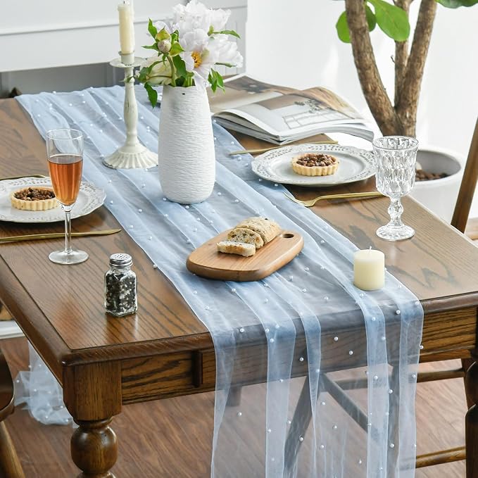 Artoid Mode 6PCS Pearl Blue Gauze Table Runner 120 Inch 10FT, Seasonal Sheer - Image 2