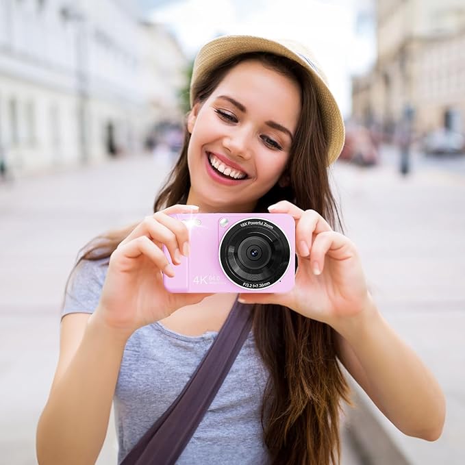 Digital Camera, 4K 64MP, 18X Zoom, Point and Shoot Digital Camera with 64GB TF Card & 2 Batteries, Portable Rechargeable Small Camera for Kids Teens Adult, Purple