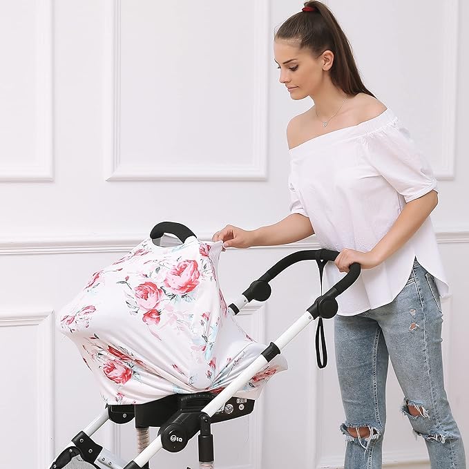 Baby Car Seat Covers - Stroller Canopy Breastfeeding Covers, Multi-use Carseat Canopy, for Boys and Girls Shower Gift (Print Flower)