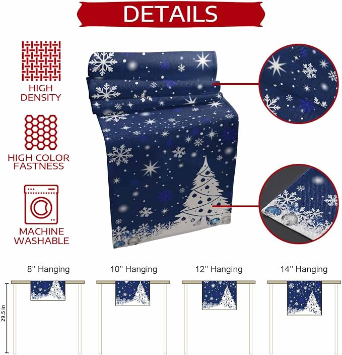 Navy Blue Christmas Tree Table Runner 72 Inches Long, Xmas Balls Snowflake - Image 7