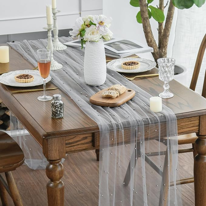Artoid Mode Pearl Grey Gauze Table Runner 120 Inch 10FT, Seasonal Sheer Dining - Image 3