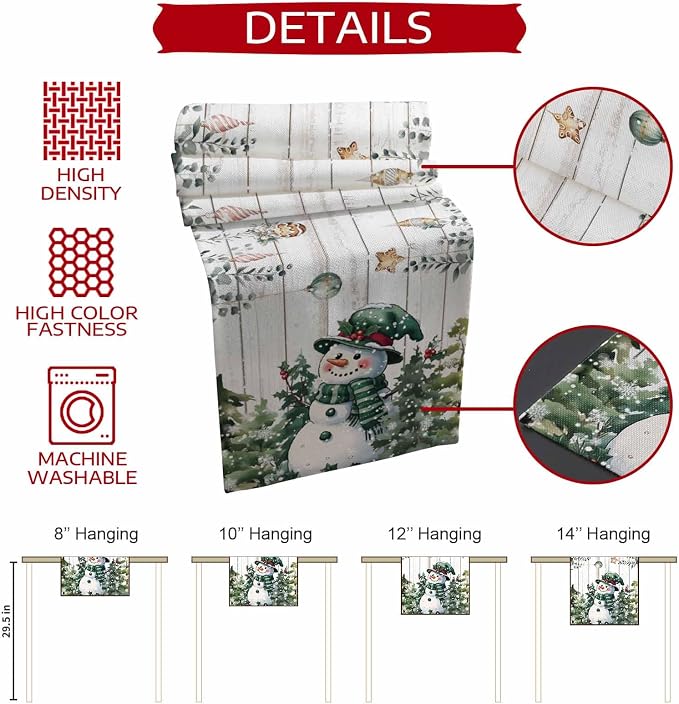 Christmas Snowman Table Runner 90 Inches Long, Xmas Trees Eucalyptus Leaves - Image 7