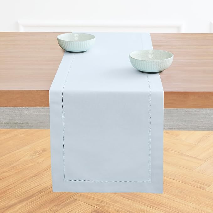 Solino Home Cotton Linen Table Runner Light Blue Hemstitch, 14 x 120 in | by SolinoHome