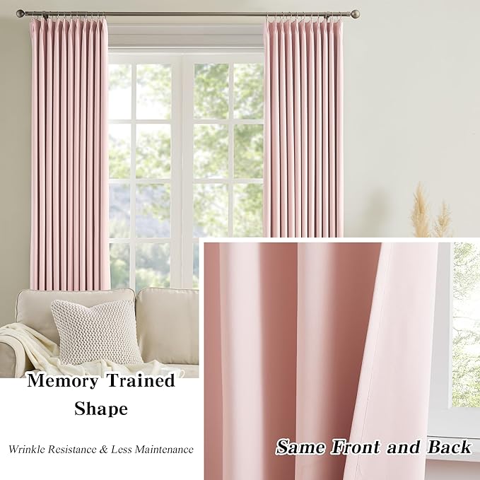 KEQIAOSUOCAI Pinch Pleated Curtains 120 Inches Long, Energy Saving Window Treatment Privacy Drapery for Living Room, Vertical Track System Elegant Hook Panels(Baby Pink, 2 Pieces, W40 x L120)