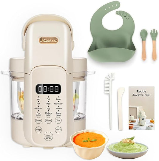 IAGREEA 9 IN 1 Baby Food Maker, 10oz Baby Food Puree Maker, Steamer Puree Blender with 3 Age Groups, Auto Cooking & Grinding, 24-Hour Appointment/450W Heating/Touch Control, Manual Mode, BPA-Free