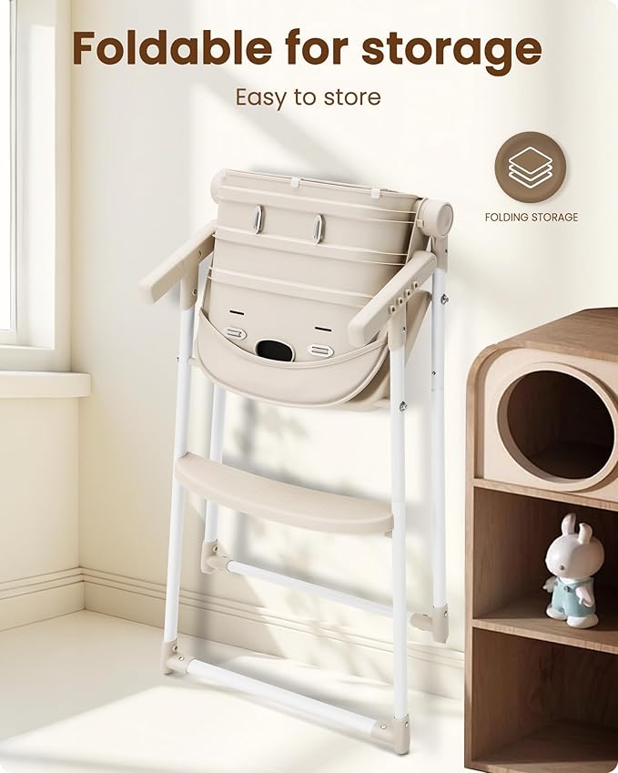 Foldable High Chair, High Chairs for Babies and Toddlers, Dining Chairs and Eating Chair with Adjustable Tray and 5 Point Harness for Infant, Beige