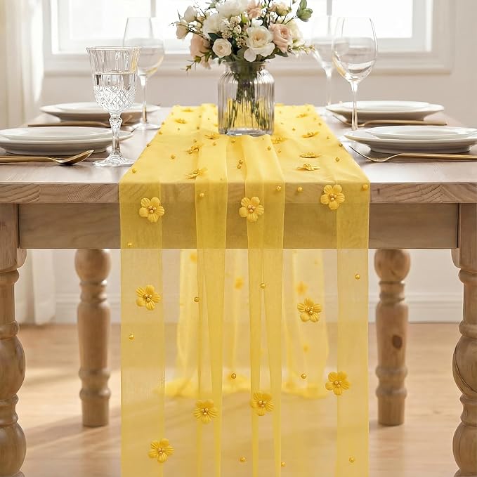 Artoid Mode Yellow Flower Pearl Yellow Gauze Table Runner 10FT, Seasonal Sheer - Image 2