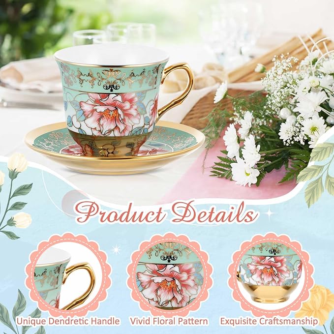 Teenyyou Set of 36 Tea Cups and Saucers Tea Party Decorations Floral Porcelain - Image 6
