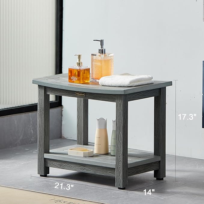 Heavy Duty Shower Bench for Inside Shower Waterproof, Large HDPS Bath Stool for Shaving Legs, Gray Poly Lumber Foot Stool, Plastic Bathroom Bench Seat with Storage Shelf, Outdoor/Indoor Use