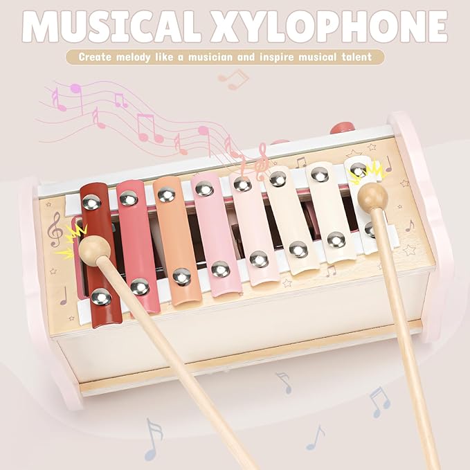 Joyreal Montessori Toys for 1 Year Old Girl Gift - Pink Wooden Hammering Pounding Toy with Xylophone & Fishing Game - Toddler Learning Activities for Kids 1+ 2 3 Year Old Christmas Birthday Gifts