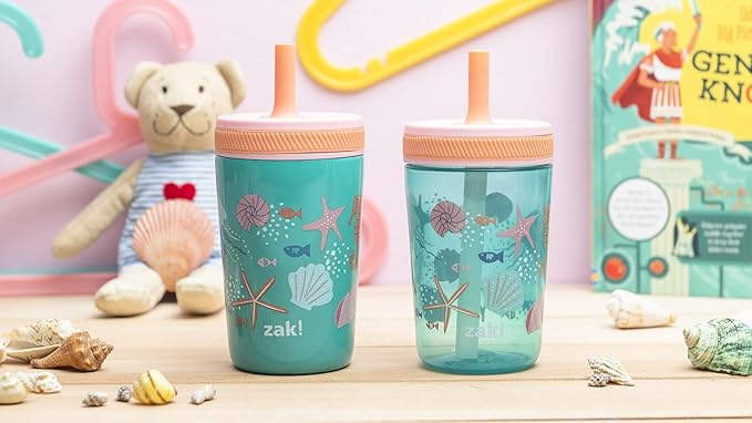 Zak Designs Shells Kelso Tumbler Set, Leak-Proof Screw-On Lid with Straw, Bundle for Kids Includes Plastic and Stainless Steel Cups with Bonus Sipper (3pc Set, Non-BPA) 15 fl.oz.
