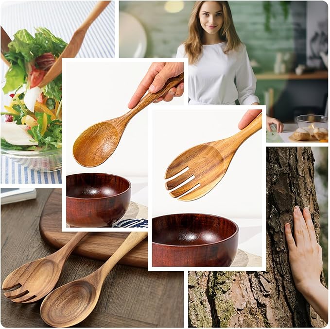 Large Teak Wood Spoons for Cooking, 13-Inch Teak Wooden Salad Serving Spoon Set - Image 2