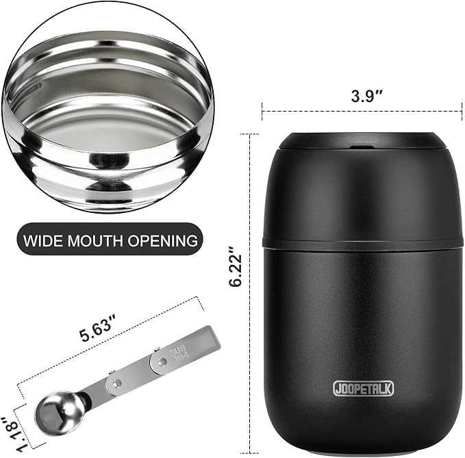 17 oz Insulated Lunch Containers, Black, Vacuum Stainless Steel Thermo Lunch Box with Handle and Folding Spoon for School, Office, Travel