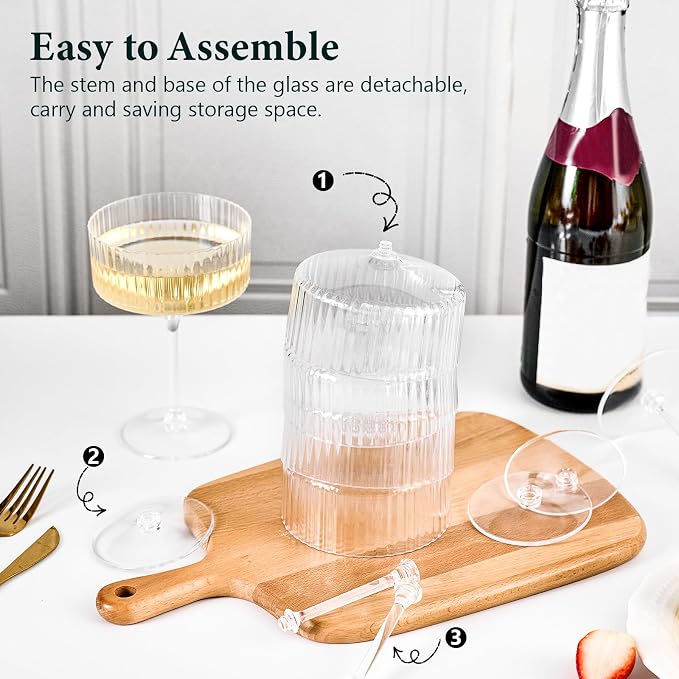 ZOMUIA Ribbed Coupe Glasses 16 Pcs, 10 oz Plastic Champagne Coupe Detachable - Image 6