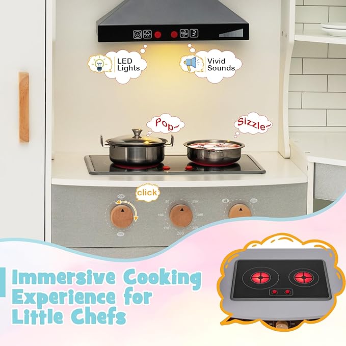 Costzon Corner Kids Kitchen Playset, Wooden Play Kitchen with Sounds & Lights, Washing Machine, Range Hood, Ice Maker, Microwave, Oven, Sink, Pretend Toy Kitchen Set for Toddler, Gift for Boys Girls