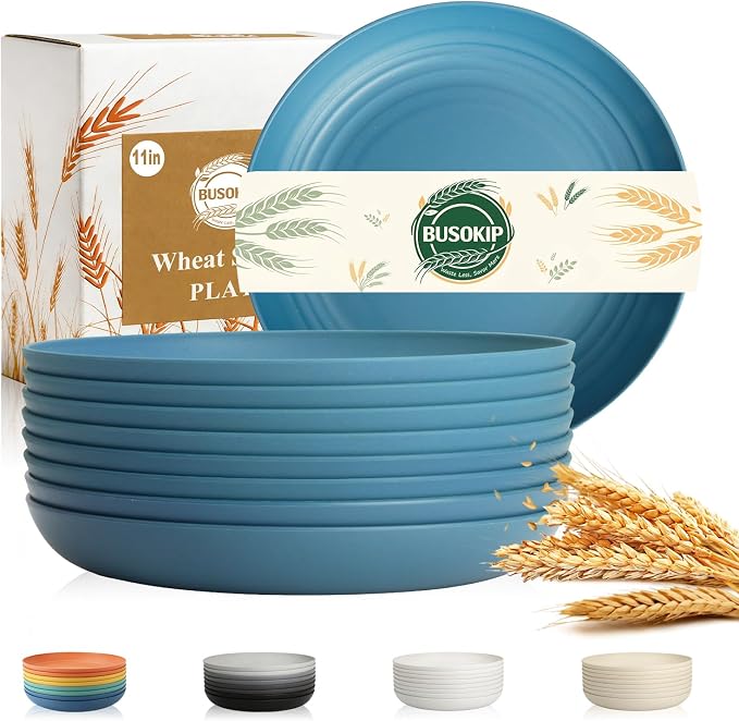 Deep Dinner Plates 11 Inch, Plastic Plates Reusable, Unbreakable Wheat Straw by BUSOKIP