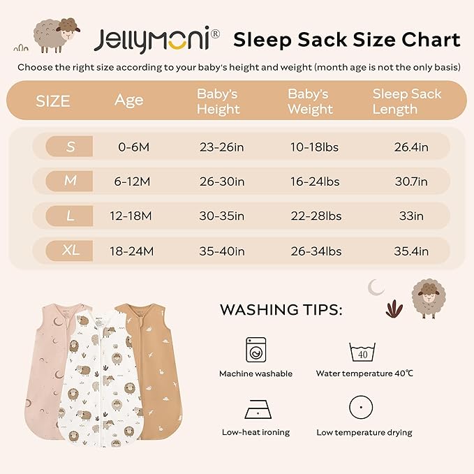 JELLYMONI Baby Sleep Sack 18-24 Months, 100% Cotton 3 Pack 0.5 TOG Baby Wearable Blanket Infant Sleep Sack with 2-Way Zipper Newborn Sleep Sacks