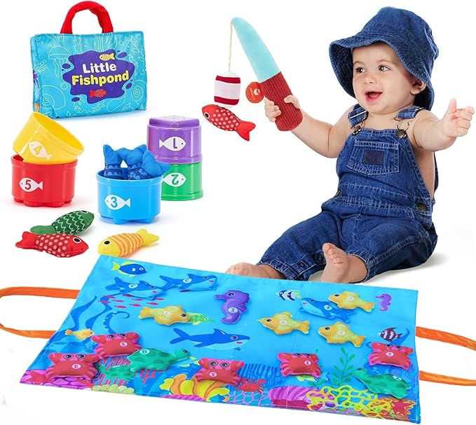 Toddler Montessori Toys Fishing Game with Stacking Cups Storage Bag Number Counting Color Sorting Shape Learning Toys Hand-Brain Coordination Sensory Ability for 1-3 Year Old Girl Boy Birthday Gifts