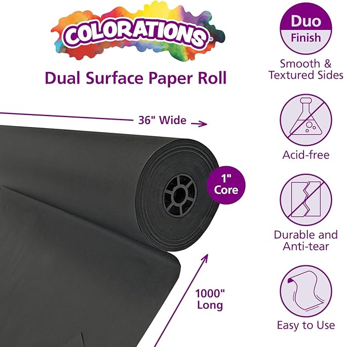 Colorations Dual Surface Paper Roll Classroom Supplies for Arts and Crafts Black (36" x 1000') (Item # DSBK)